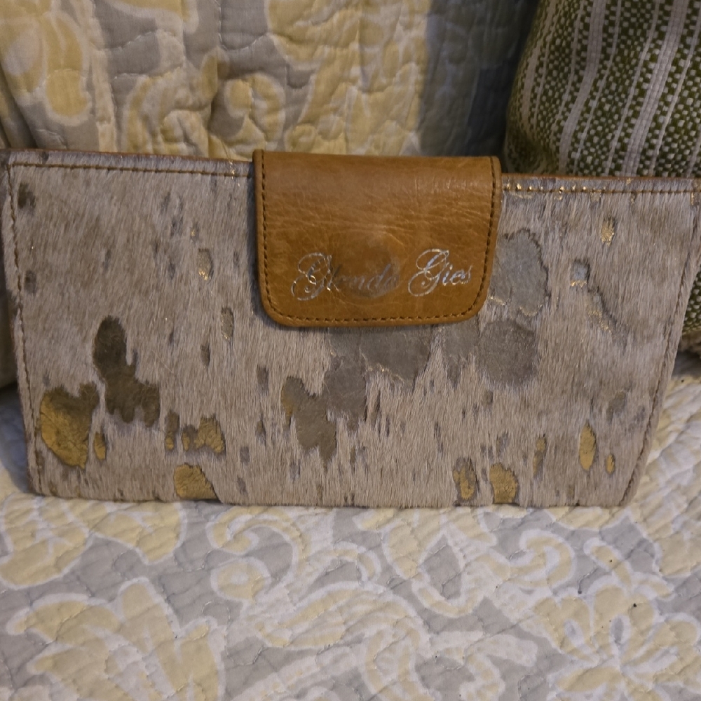 Brown and cream cow hide Wallet with Gold Accents